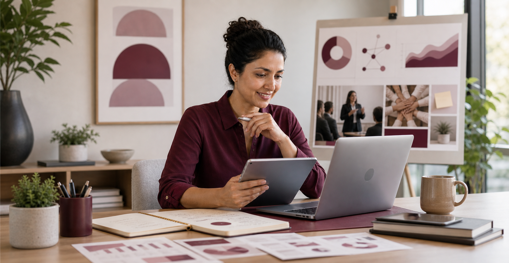 Professional using affiliate outreach materials on laptop and tablet
